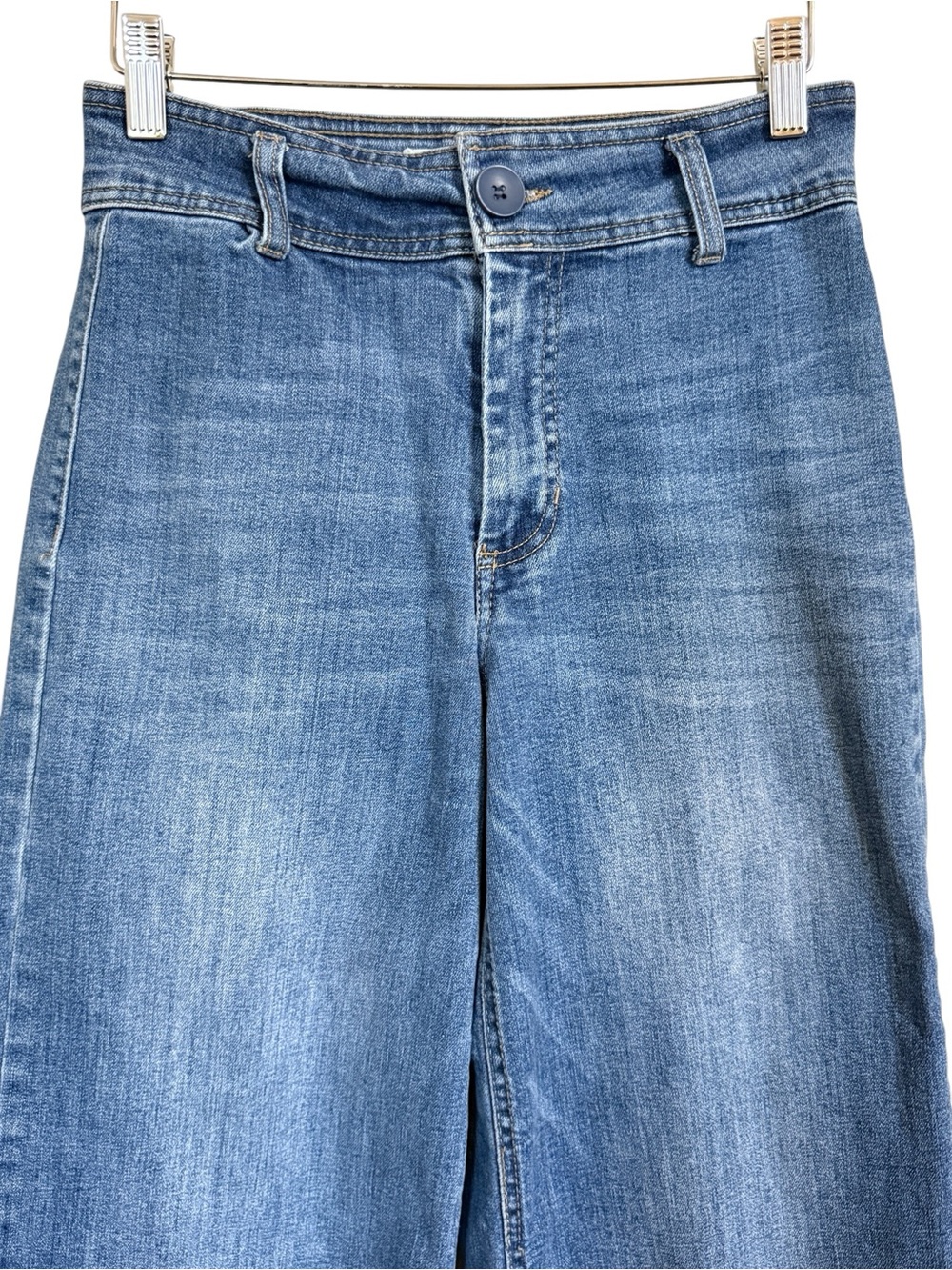 OAT New York Wide Leg Jeans Women’s Size 4/27 Medium Wash Raw Hem Patch Pocket - Picture 2 of 12